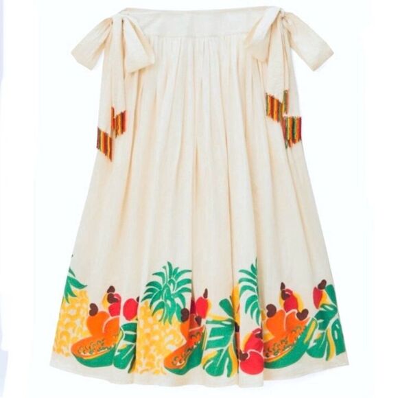 NEW FARM Rio Embroidered Fruits Side Bow Maxi Skirt Beaded Tassels White Size XL - Picture 6 of 16